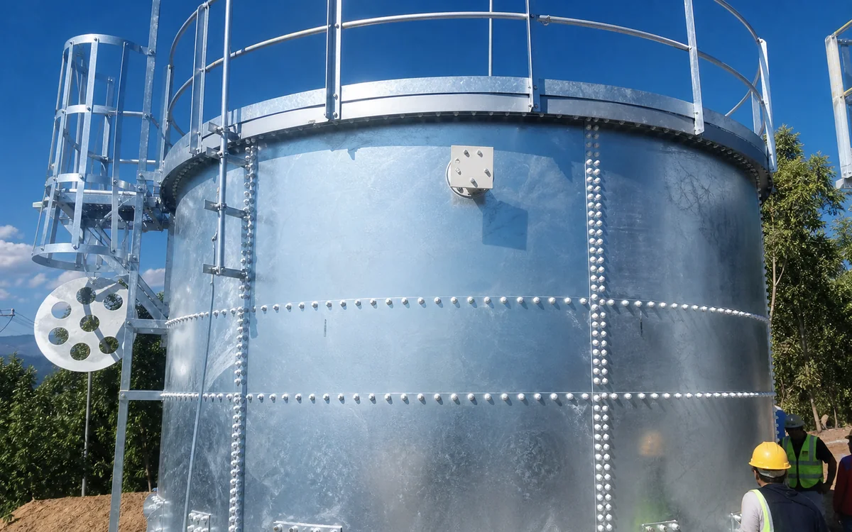 Source-based rewritten galvanized agricultural water storage tank with access ladder and workers