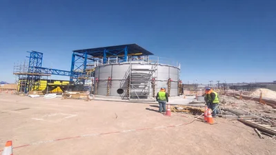 stainless steel bolted tank installation stage with modular shell panels and scaffolding